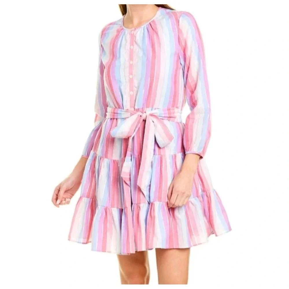 J. CREW Dress‎ Woman M PINK/ Silver Striped Belted Ruffled Long Sleeve Lined